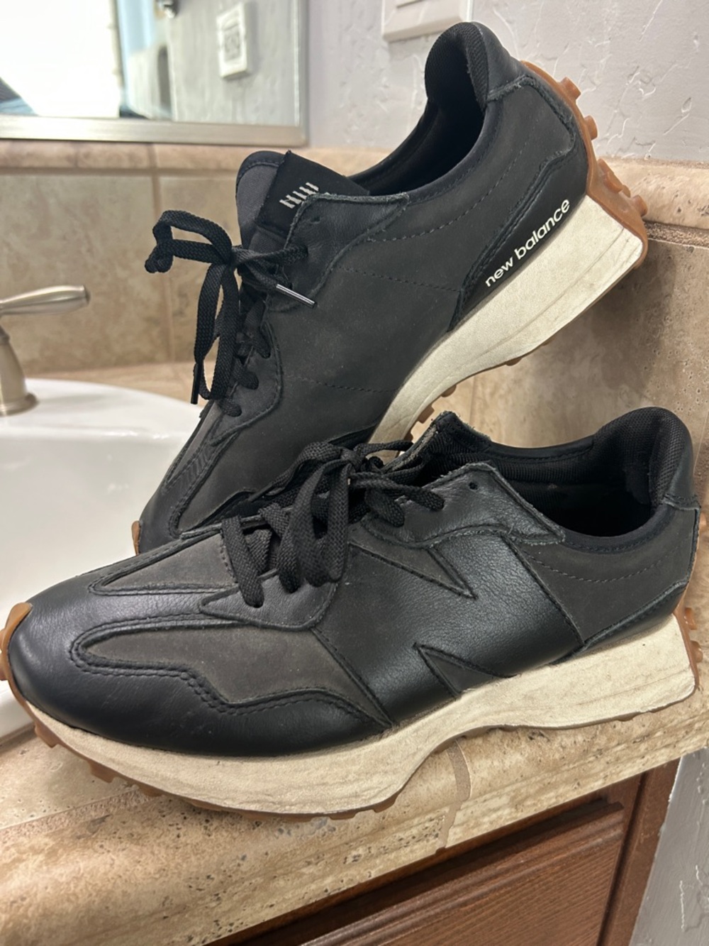 New Balance 327 Black Leather Sneakers with Brown Toe Accents